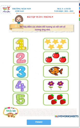 Bài tập dạy trẻ đếm các nhóm đối tượng và nối với các số tương ứng